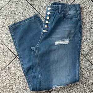 Midiross distressed, high waisted, 5-pocket blue jeans w/ button fly closure